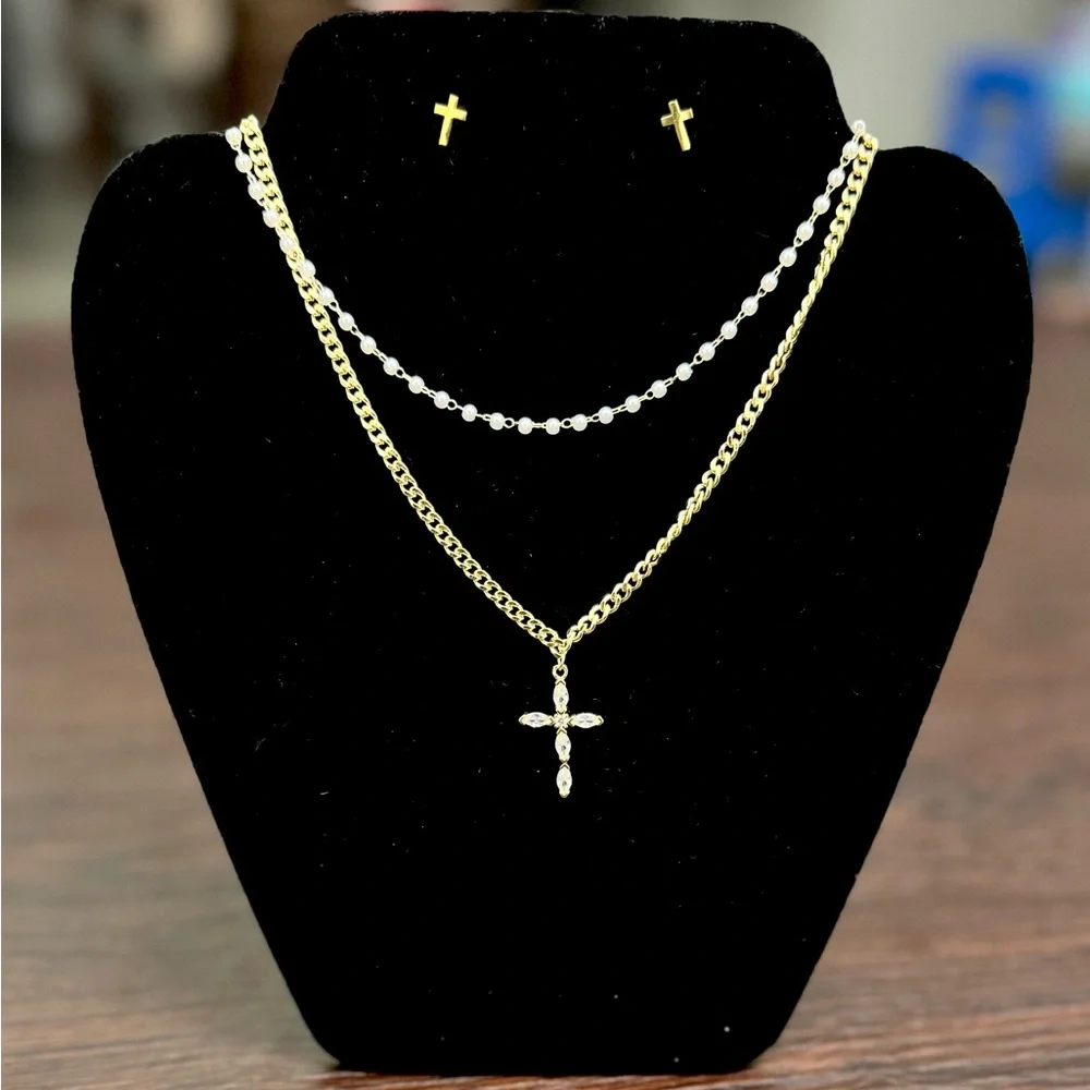 Gold Cross Necklace Earrings Set Layered Rhinestone Dainty Jewelry - Picture 2 of 5